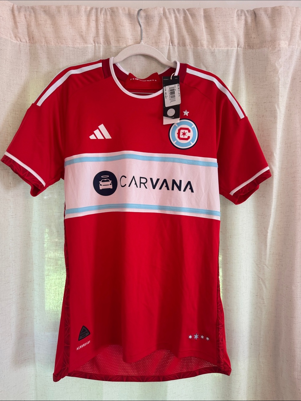 adidas Red Chicago Fire Soccer Jersey with White & Light Blue Trim